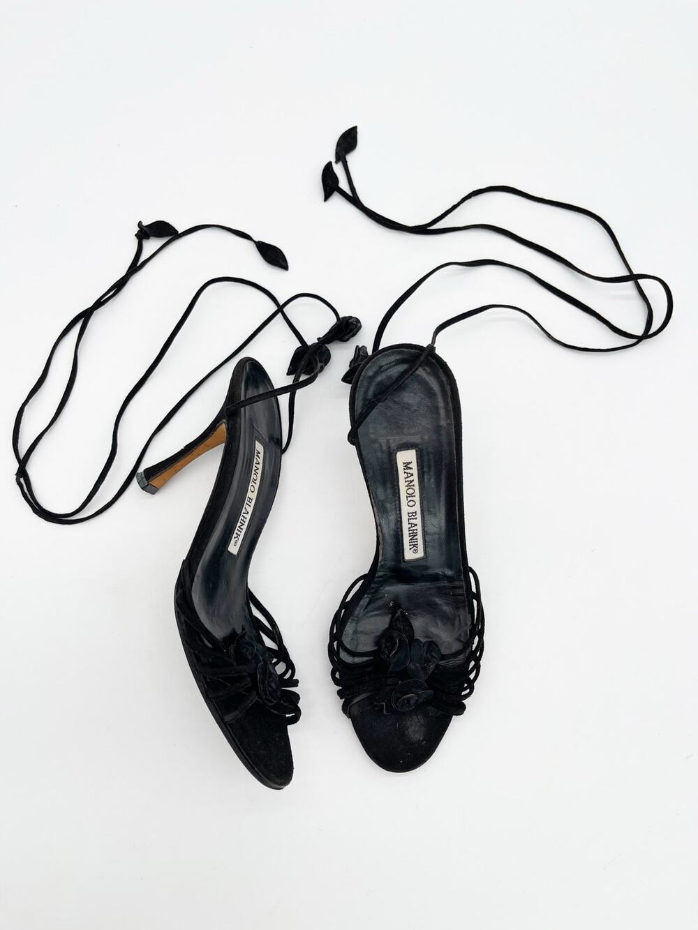 Manolo Blahnik 90s Vintage Black Suede Rosette Lace Up Heels Sandals IT 35